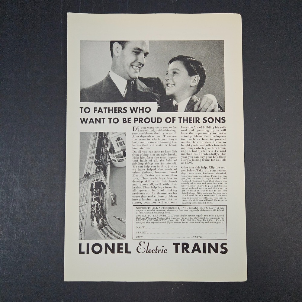 1932 Lionel Electric Trains Vintage Print Ad‎ NYC Proud Father & Son Engine